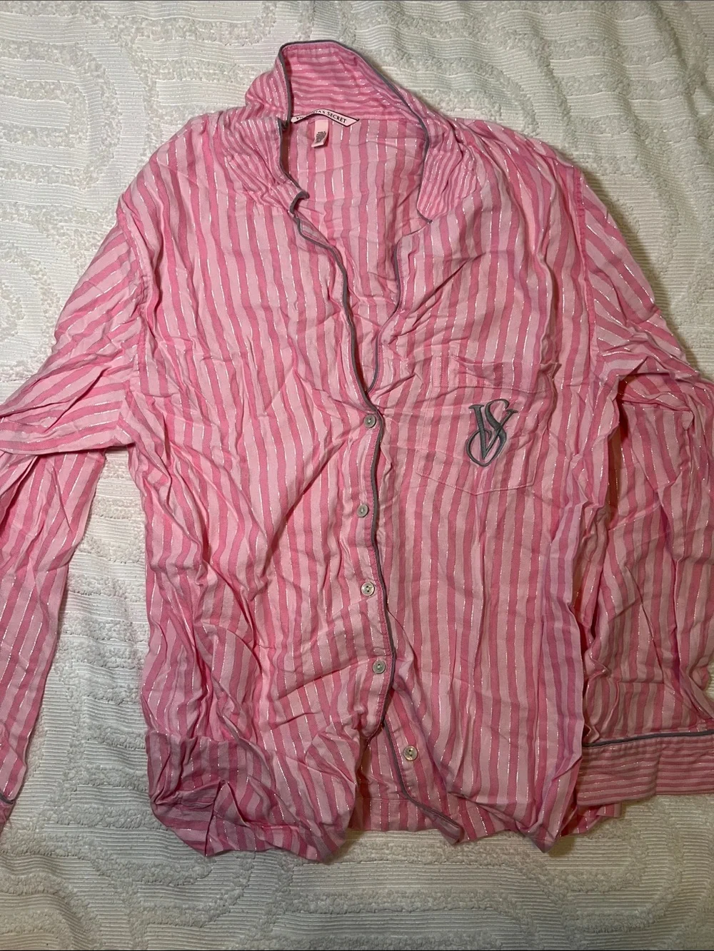 Victoria's Secret Pink Striped Pajama Set with Gray Trim - Picture 4 of 4